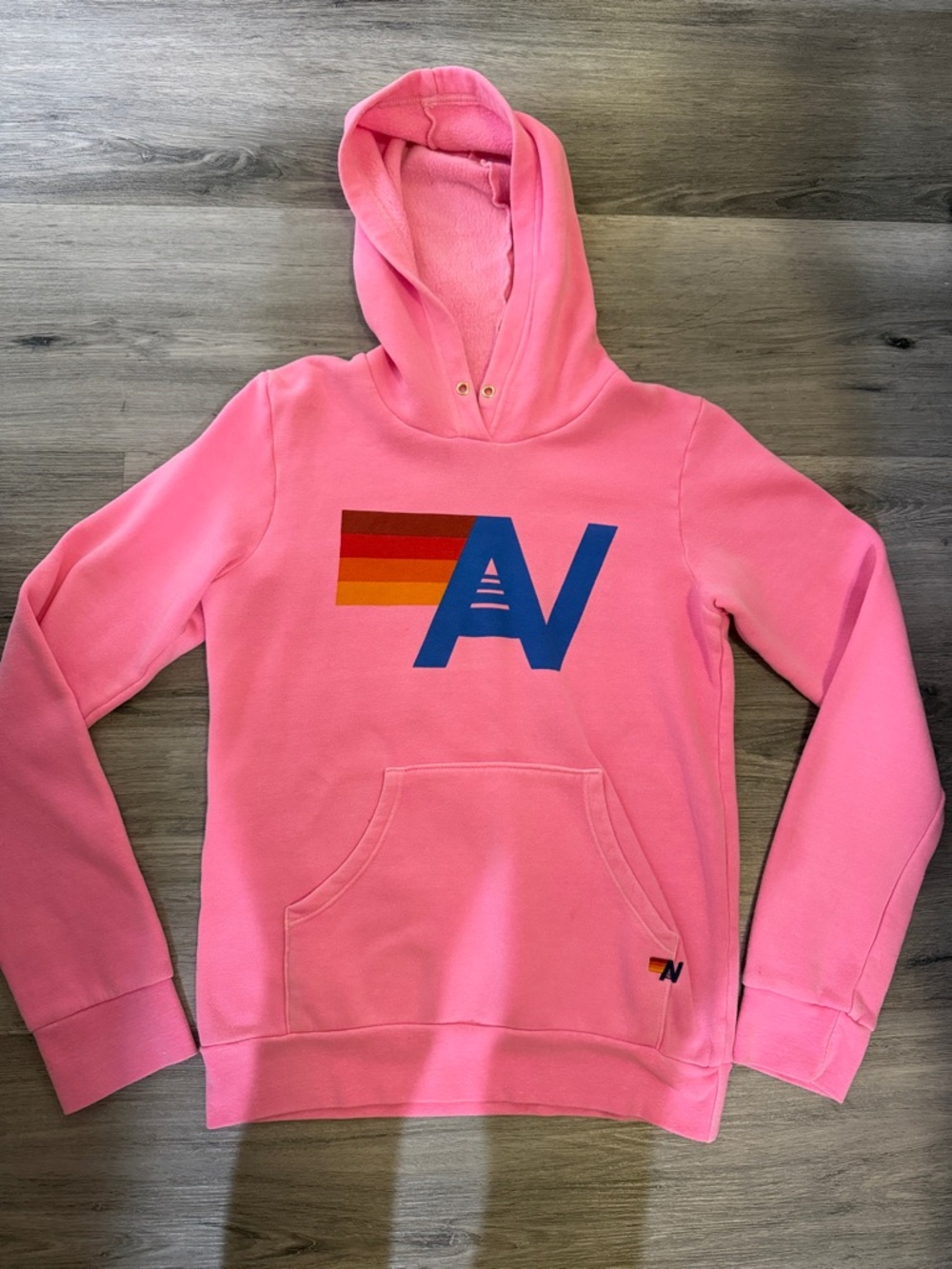 Aviator Nation Pink Hoodie with Blue Logo and Rainbow Stripes